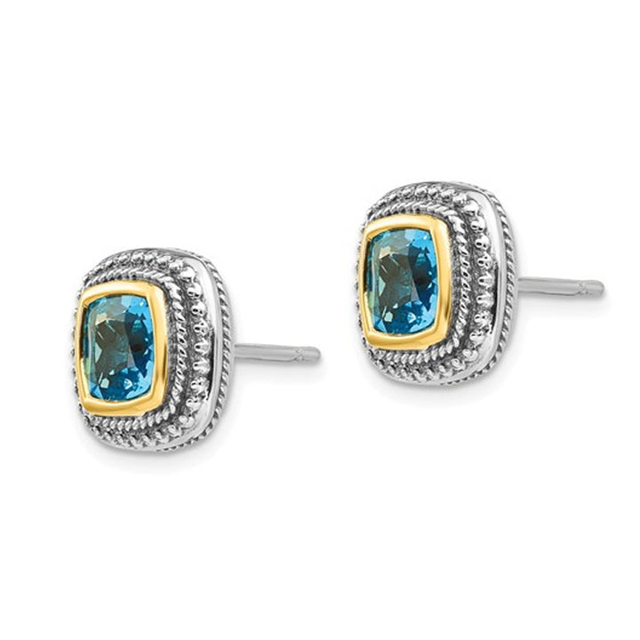 6mm Cushion Cut Blue Topaz Post Earrings in Sterling Silver with 14K Gold Accent Image 3