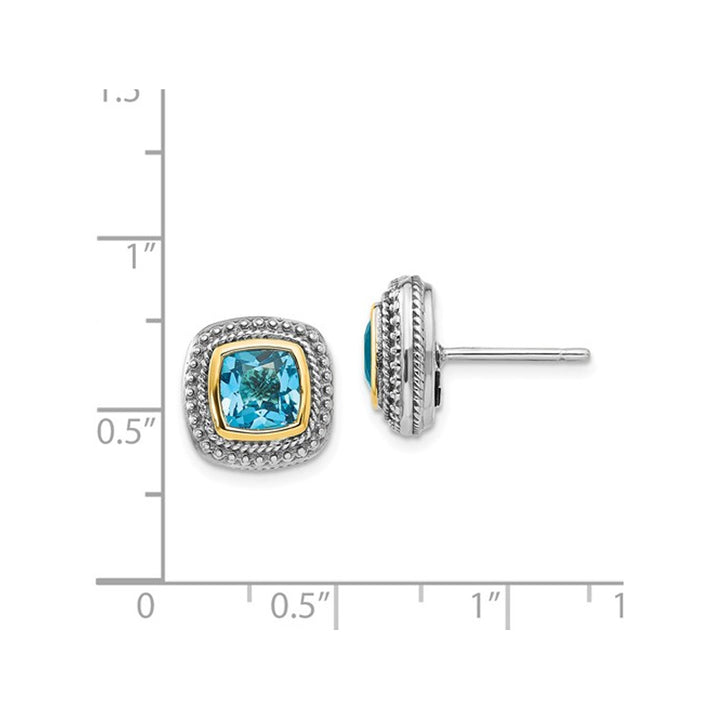 6mm Cushion Cut Blue Topaz Post Earrings in Sterling Silver with 14K Gold Accent Image 2