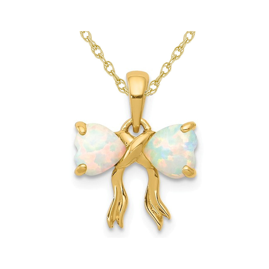 1/2 Carat (ctw) Lab Created Opal Bow Ribbon Pendant Necklace in 14K Yellow Gold with Chain Image 1