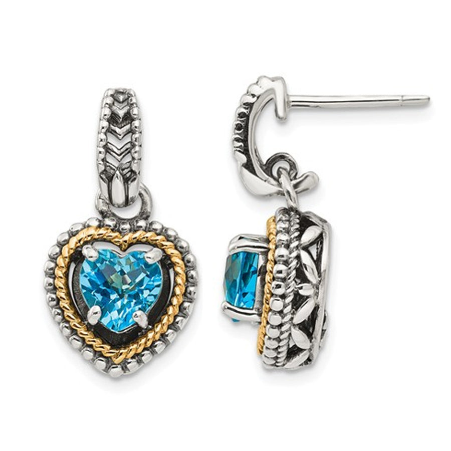 2.00 Carat (ctw) Blue Topaz Heart Earrings in Sterling Silver with 14K Gold Accent Image 1