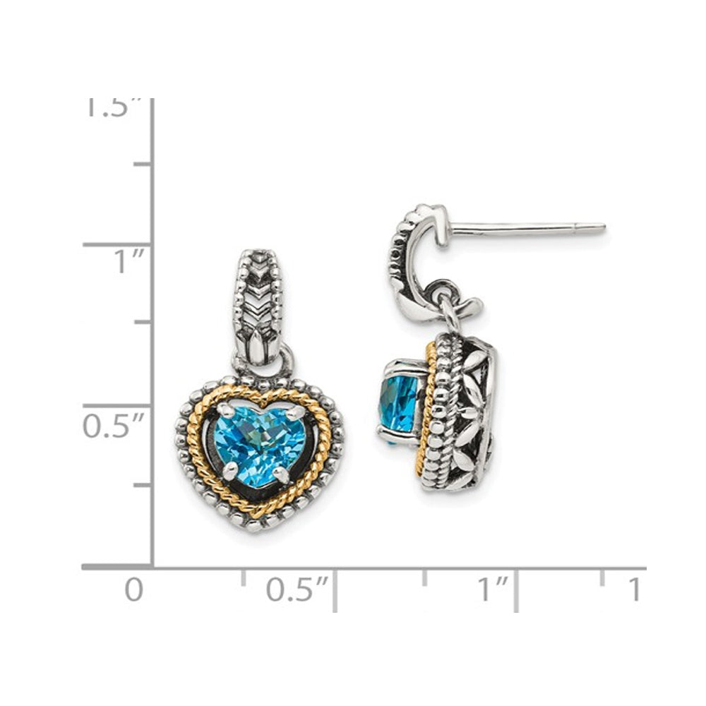 2.00 Carat (ctw) Blue Topaz Heart Earrings in Sterling Silver with 14K Gold Accent Image 2