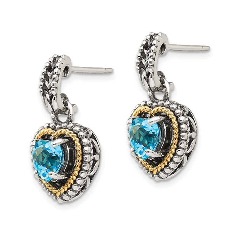 2.00 Carat (ctw) Blue Topaz Heart Earrings in Sterling Silver with 14K Gold Accent Image 3