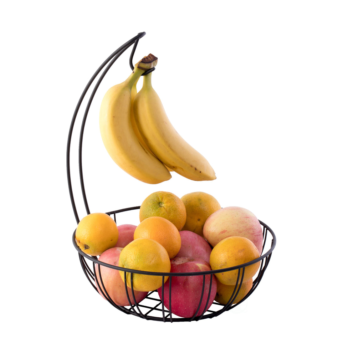 Metal Fruit Basket Holder with Banana Hanger 11 Inch Durable Powder Coated Black Image 1