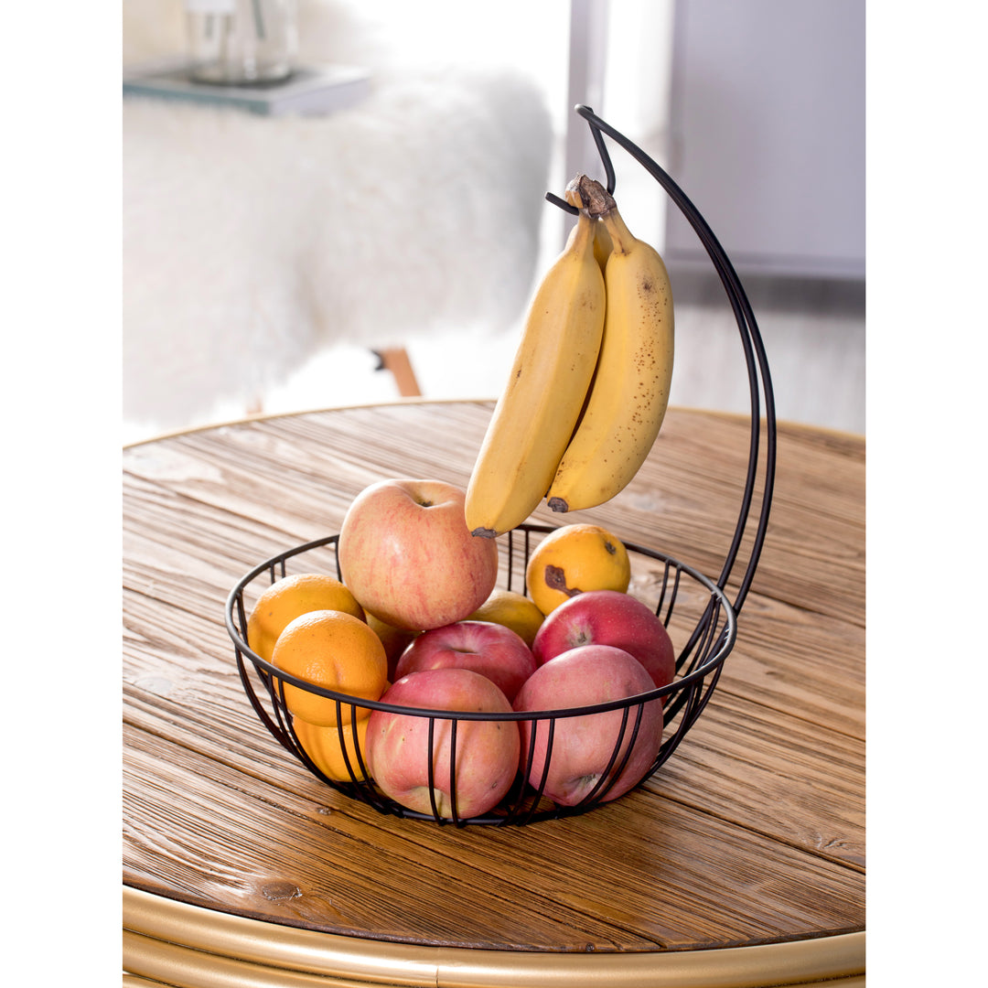 Metal Fruit Basket Holder with Banana Hanger 11 Inch Durable Powder Coated Black Image 2