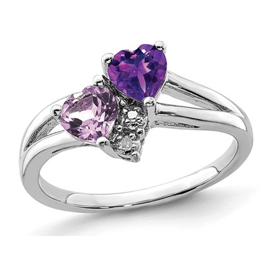 Amethyst and Pink Quartz Heart Promise Ring 4/5 Carat (ctw) in Sterling Silver Image 1