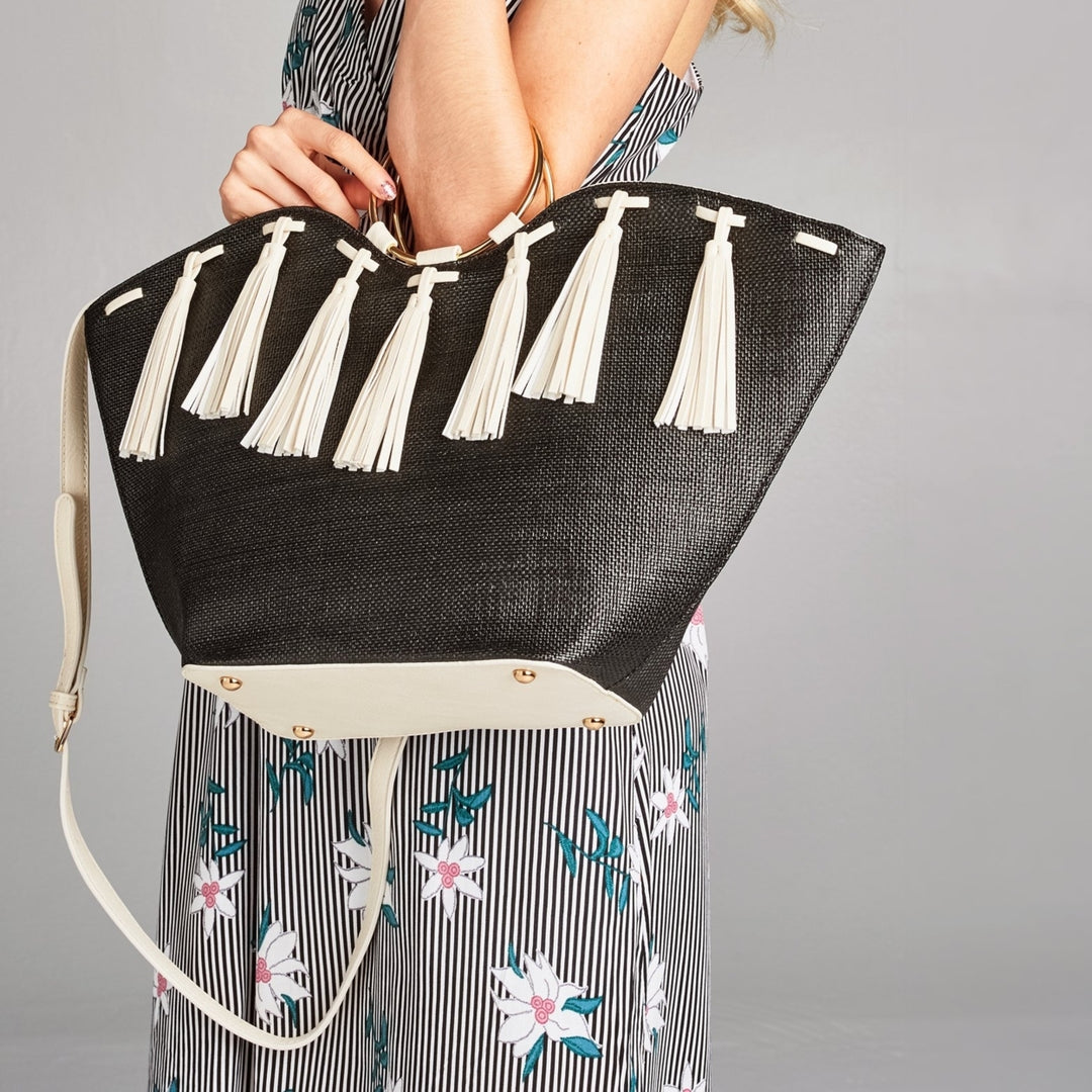 Leather Tassel Straw Tote Image 2