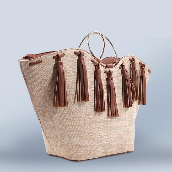 Leather Tassel Straw Tote Image 4