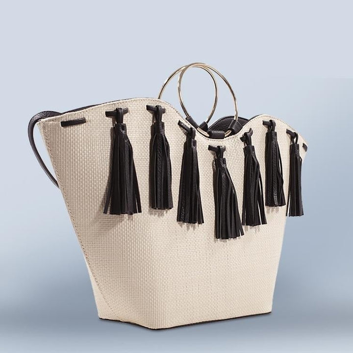 Leather Tassel Straw Tote Image 6