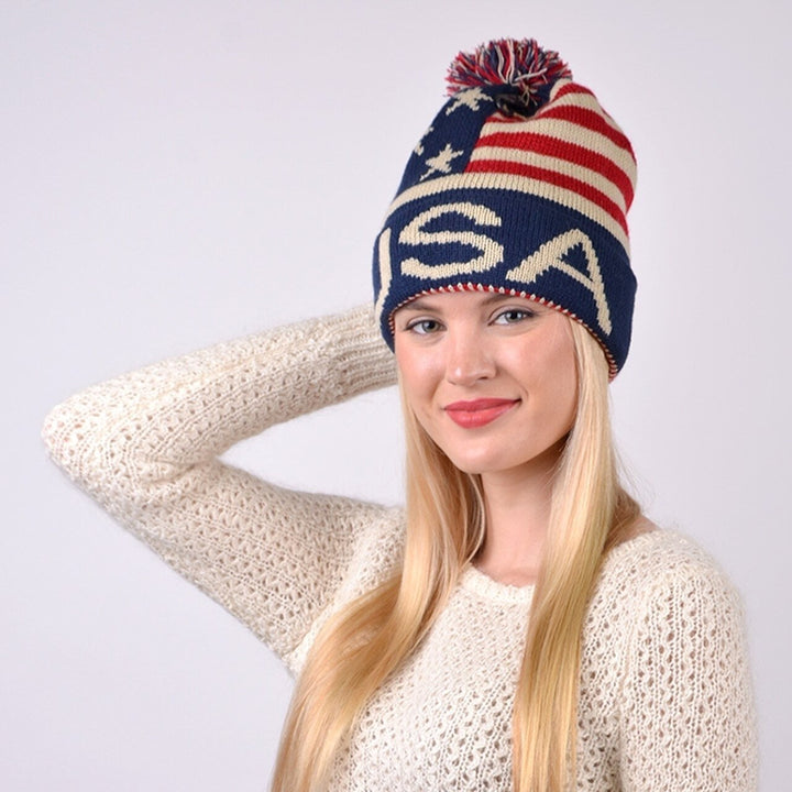 Vintage USA Hockey Team Beanie 1980 Unisex American Flag Knit Pom Beanie Ski Hats USA Hat Hat Image 1