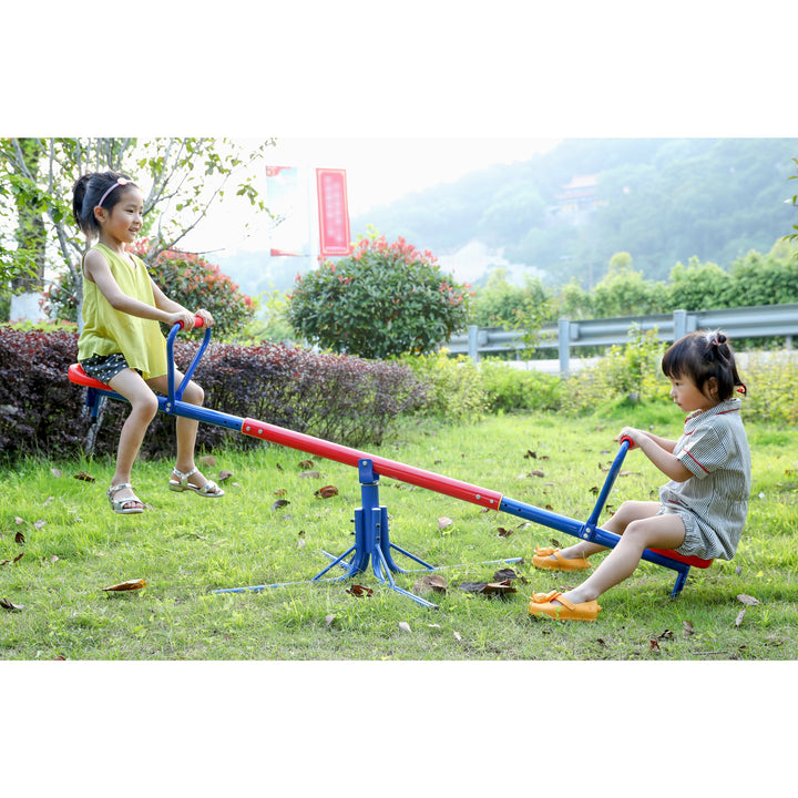 Outdoor Red and Blue Metal Rotating Seesaw Image 2