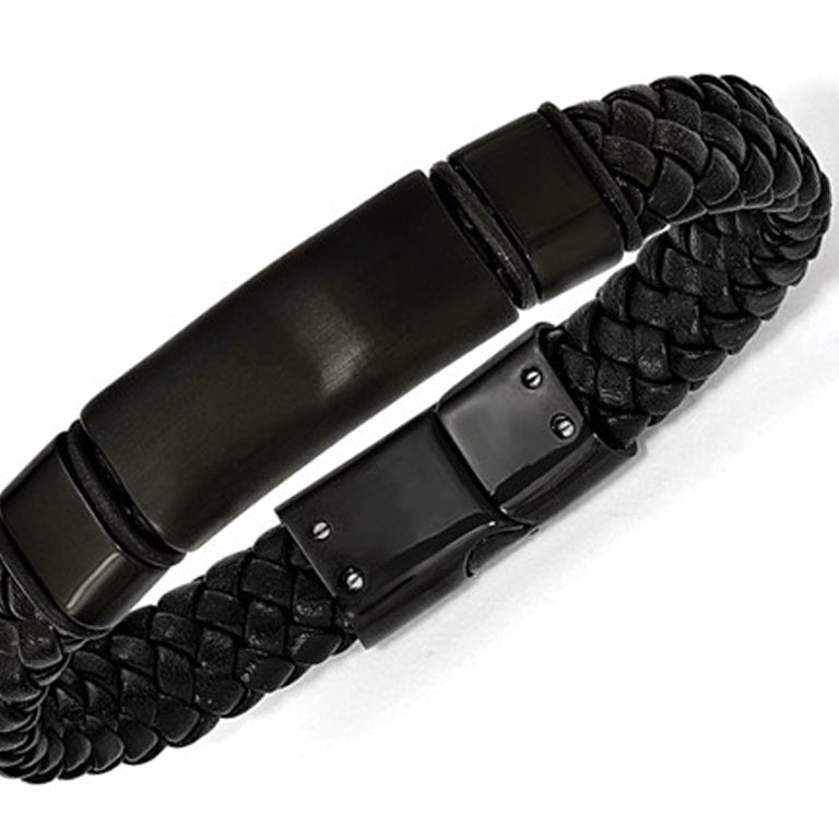 Mens Bracelet in Black Stainless Steel with Braided Leather (8.5 Inch) Image 1