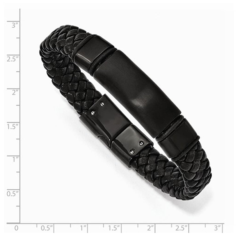 Mens Bracelet in Black Stainless Steel with Braided Leather (8.5 Inch) Image 2