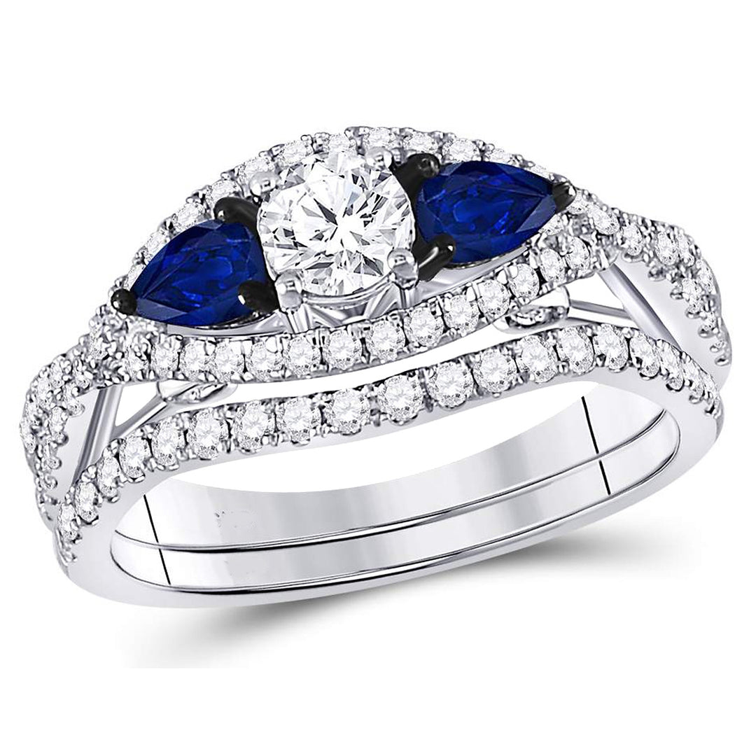 1.35 Carat (G-HI1-I2) Diamond Engagement Ring Bridal Wedding Set in 14K White Gold with Blue Sapphires Image 1