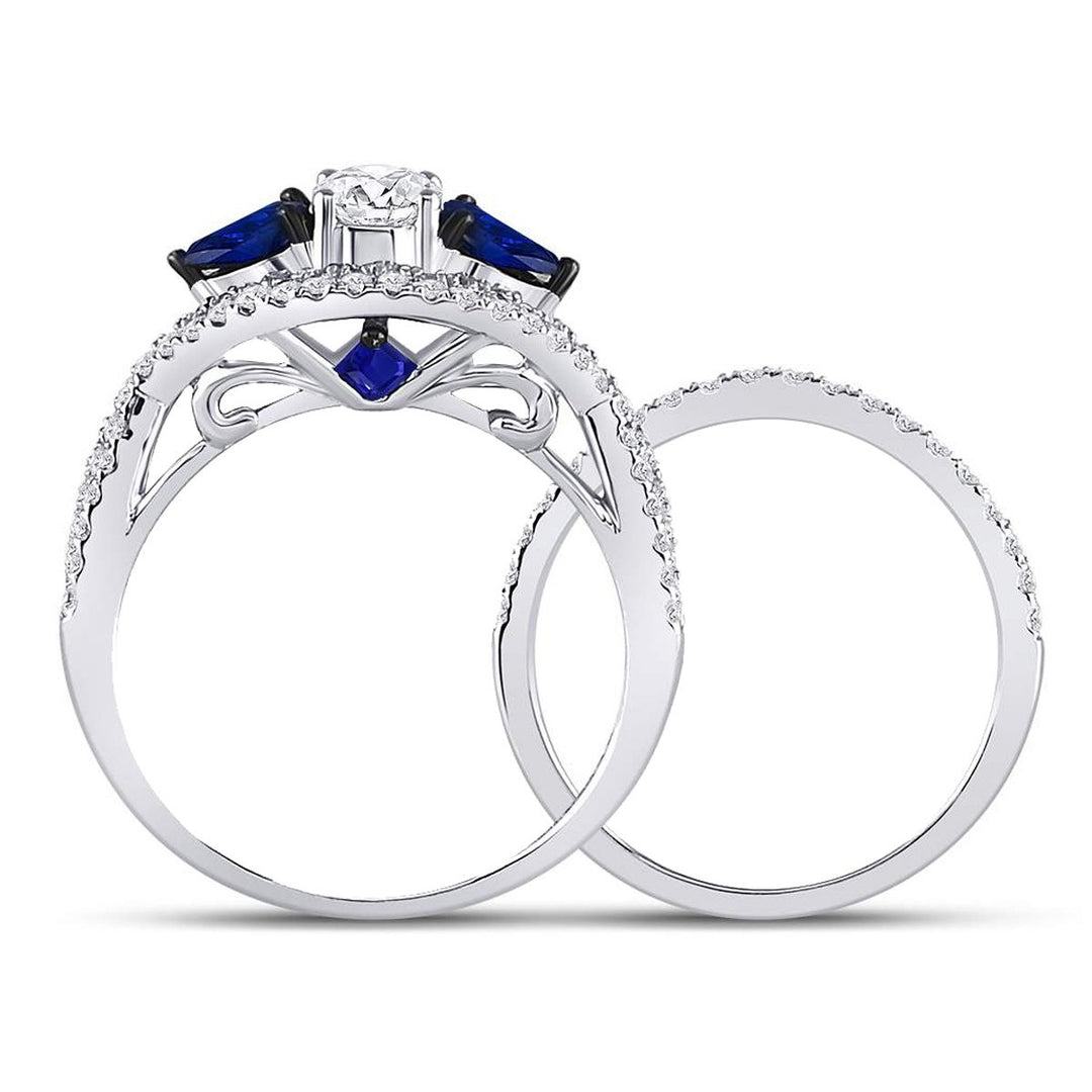 1.35 Carat (G-HI1-I2) Diamond Engagement Ring Bridal Wedding Set in 14K White Gold with Blue Sapphires Image 2