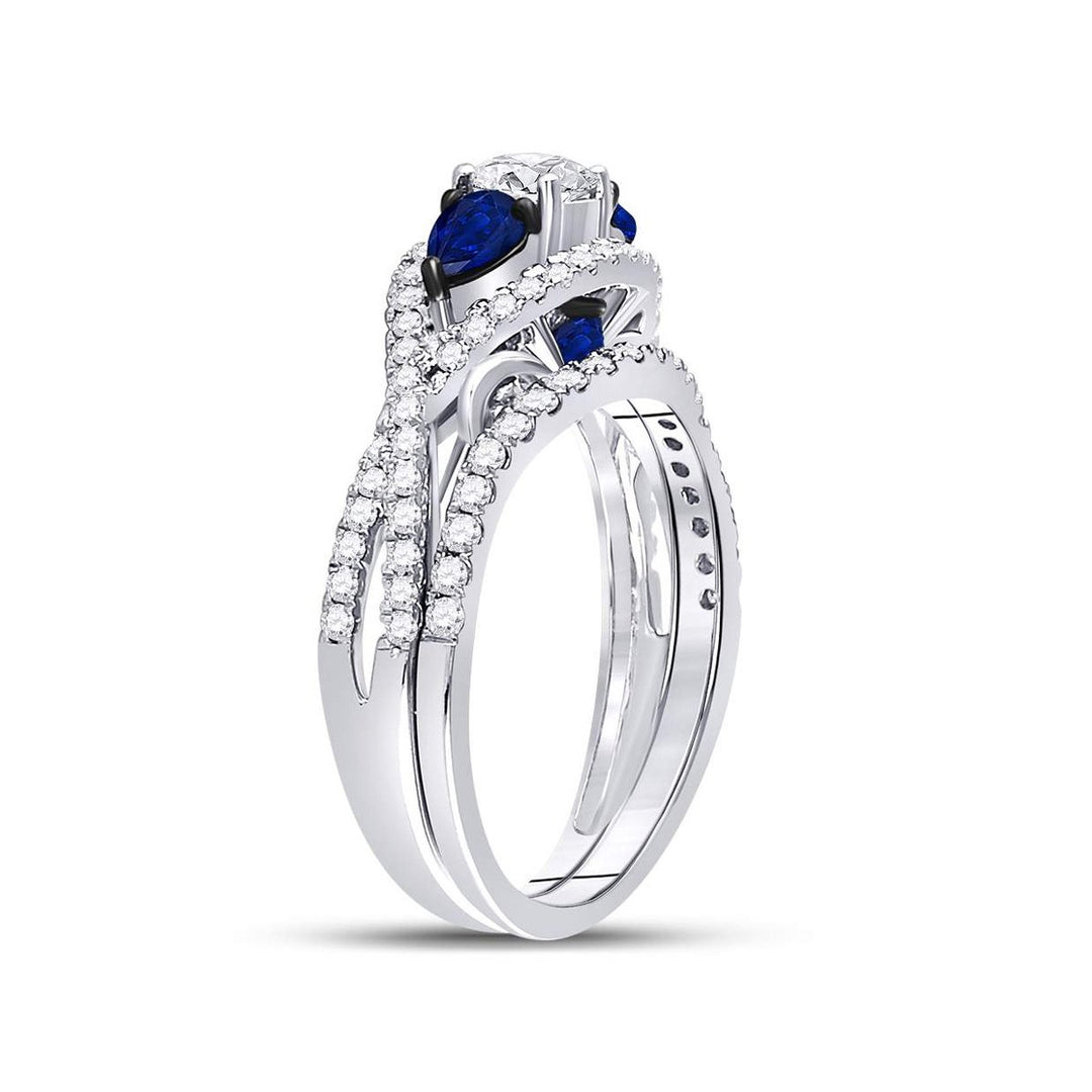 1.35 Carat (G-HI1-I2) Diamond Engagement Ring Bridal Wedding Set in 14K White Gold with Blue Sapphires Image 3