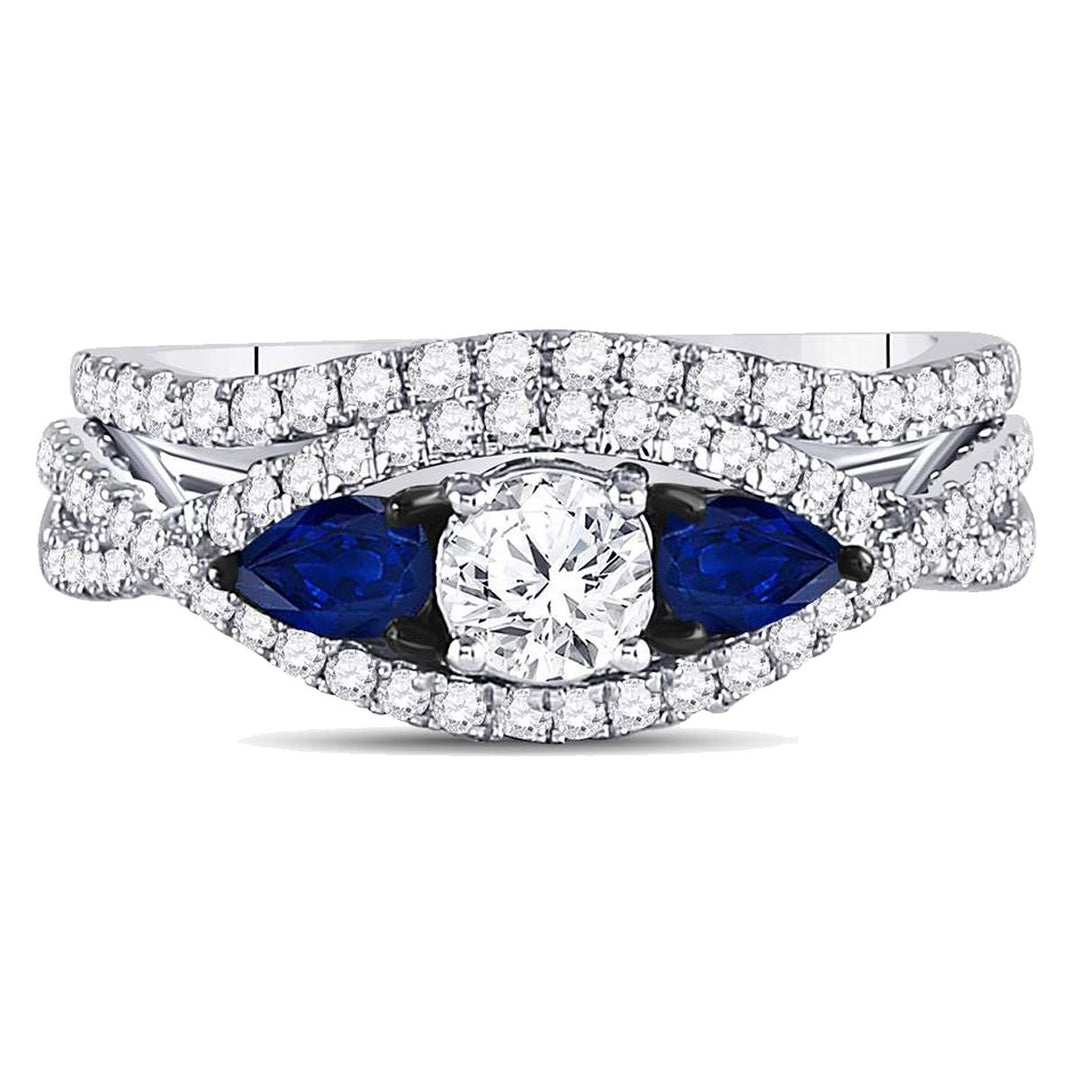 1.35 Carat (G-HI1-I2) Diamond Engagement Ring Bridal Wedding Set in 14K White Gold with Blue Sapphires Image 4