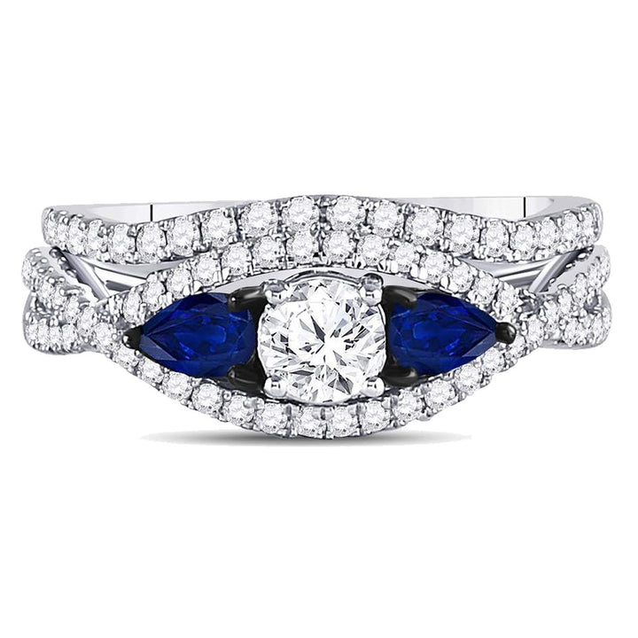 1.35 Carat (G-HI1-I2) Diamond Engagement Ring Bridal Wedding Set in 14K White Gold with Blue Sapphires Image 4