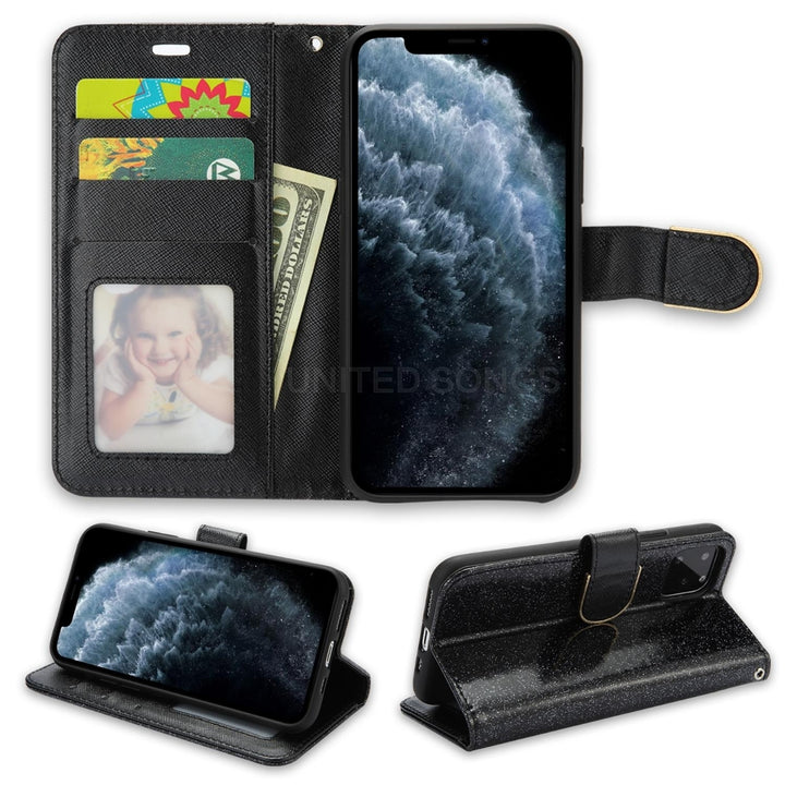 For Apple iPhone 12 Pro Max 6.7 inch Diamond Bow Glitter Leather Wallet Case Cover Black Image 2