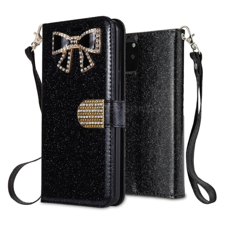 For Apple iPhone 12 Mini 5.4 inch Diamond Bow Glitter Leather Wallet Case Cover Black Image 1