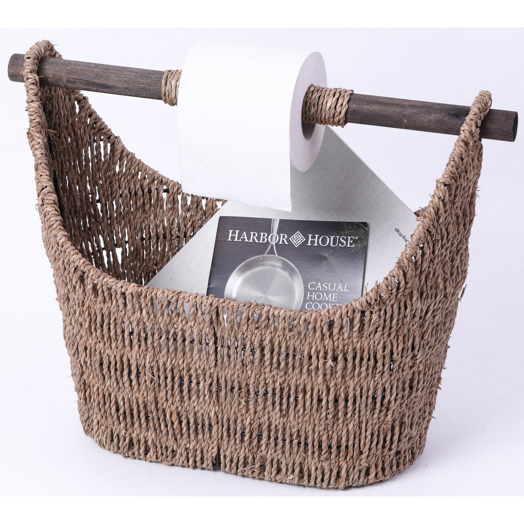 Seagrass Magazine and Toilet Paper Holder Basket with Wooden Rod 17.25" Wide Image 1