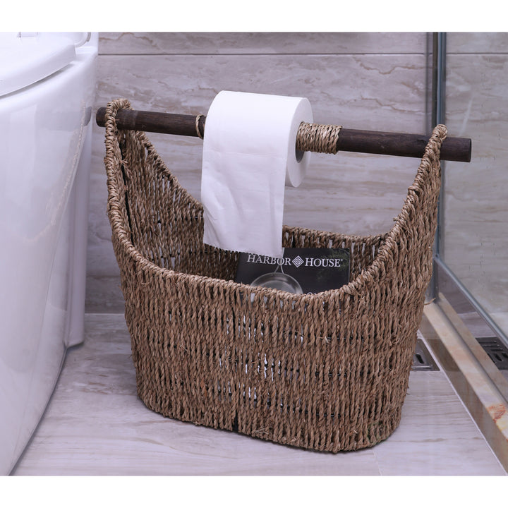 Seagrass Magazine and Toilet Paper Holder Basket with Wooden Rod 17.25" Wide Image 2