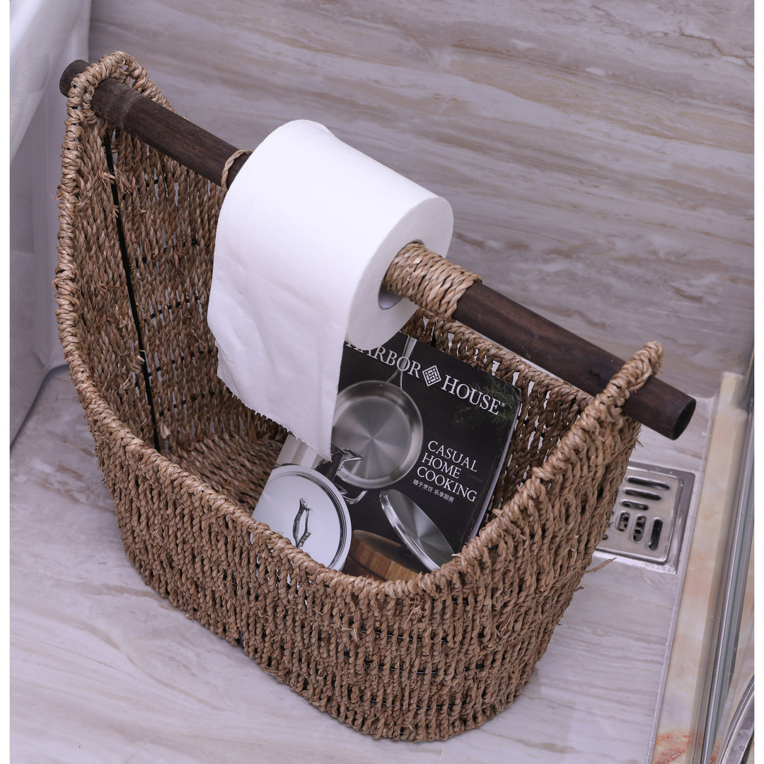 Seagrass Magazine and Toilet Paper Holder Basket with Wooden Rod 17.25" Wide Image 3