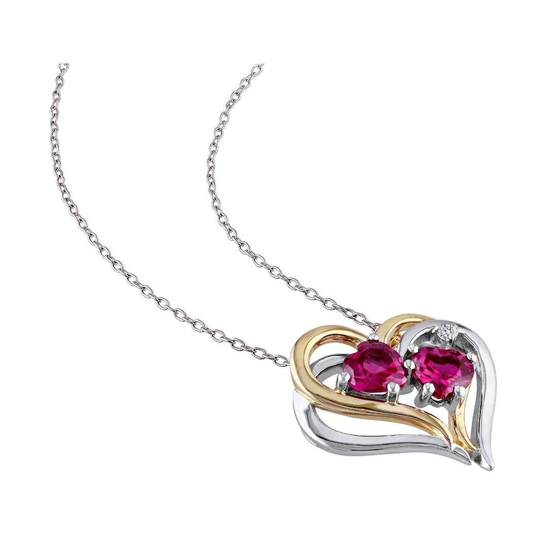 1.20 Carat (ctw) Lab-Created Ruby Heart Pendant Necklace with Diamonds in Yellow Plated Sterling Silver with chain Image 2