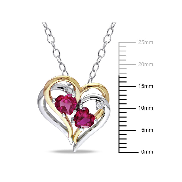 1.20 Carat (ctw) Lab-Created Ruby Heart Pendant Necklace with Diamonds in Yellow Plated Sterling Silver with chain Image 3