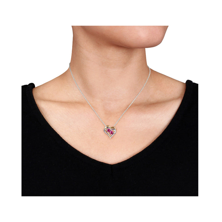 1.20 Carat (ctw) Lab-Created Ruby Heart Pendant Necklace with Diamonds in Yellow Plated Sterling Silver with chain Image 4