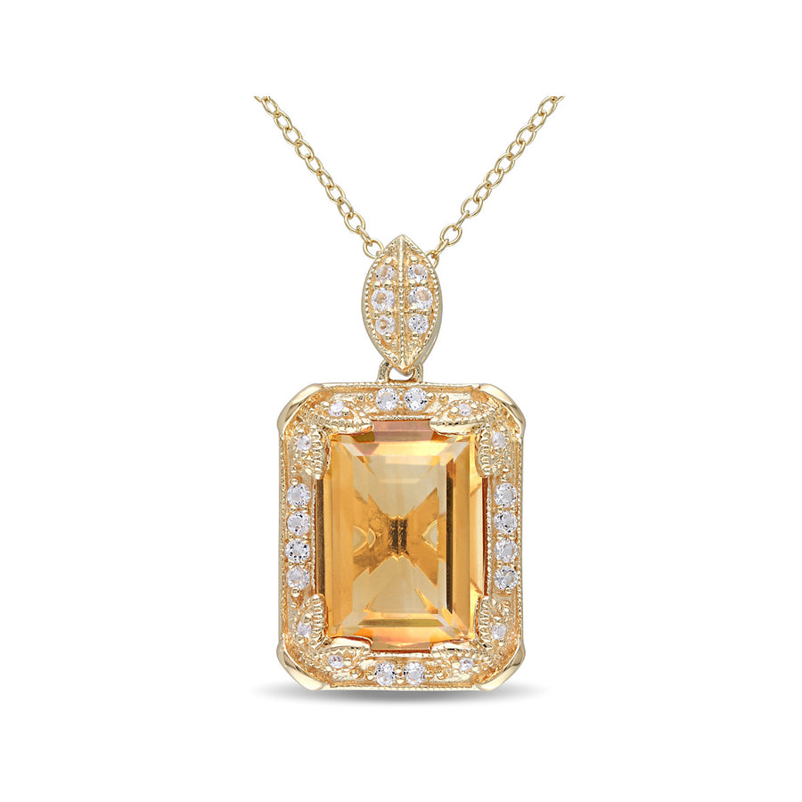 6.20 Carat (ctw) Emerald-Cut Citrine Pendant Necklace in Yellow Plated Sterlng Silver with Chain and White Topaz Image 1