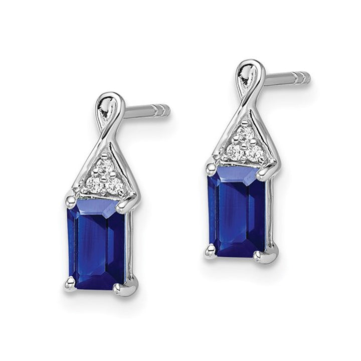 1.00 Carat (ctw) Emerald Cut Blue Sapphire Post Earrings in 14K White Gold Image 3