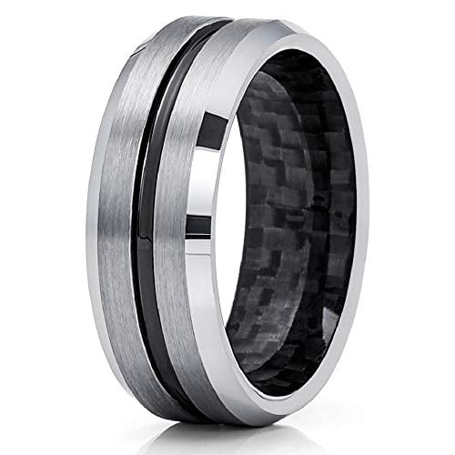 8mm - Gray Tungsten Wedding Band - Black Tungsten - Carbon Fiber Ring - Mens Ring (Tungsten10) Image 1