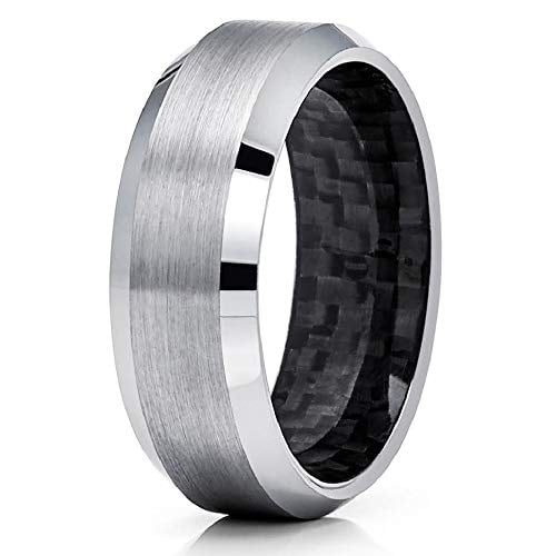 8mm - Carbon Fiber Tungsten Ring - Silver Tungsten - Tungsten Wedding Band - Mens (Tungsten Carbide13) Image 1