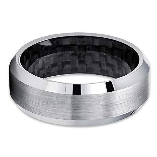 8mm - Carbon Fiber Tungsten Ring - Silver Tungsten - Tungsten Wedding Band - Mens (Tungsten Carbide13) Image 2