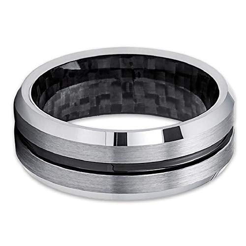 8mm - Gray Tungsten Wedding Band - Black Tungsten - Carbon Fiber Ring - Mens Ring (Tungsten10) Image 2