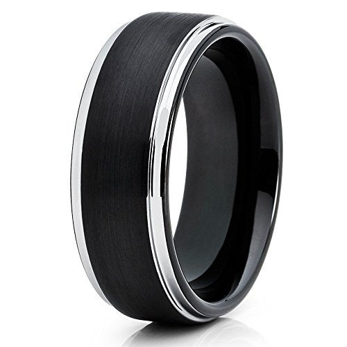 8mm Brushed Black Tungsten Carbide Ring Silver Unique Edges Wedding Band (6) (6) Image 1