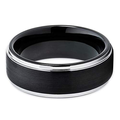 8mm Brushed Black Tungsten Carbide Ring Silver Unique Edges Wedding Band (6) (6) Image 2