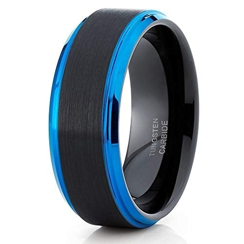 8mm Blue Tungsten Ring Black Tungsten Ring Anniversary Ring Mens Blue Tungsten Ring Comfort Fit (11.5) Image 1