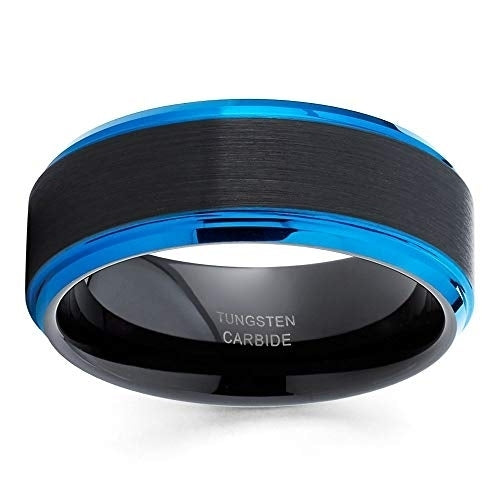 8mm Blue Tungsten Ring Black Tungsten Ring Anniversary Ring Mens Blue Tungsten Ring Comfort Fit (11.5) Image 2