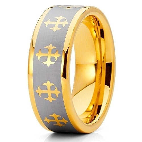8mm Yellow Gold Tungsten Carbide Wedding Ring Cross Design Brushed Silver Finish Unisex Band 10 (10) Image 1