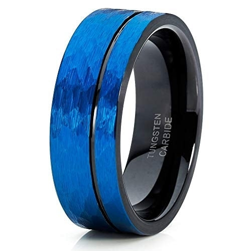 Black Tungsten Ring Blue Wedding Ring Tungsten Carbide Ring 8mm Blue Ring Hammered (10.5) Image 1