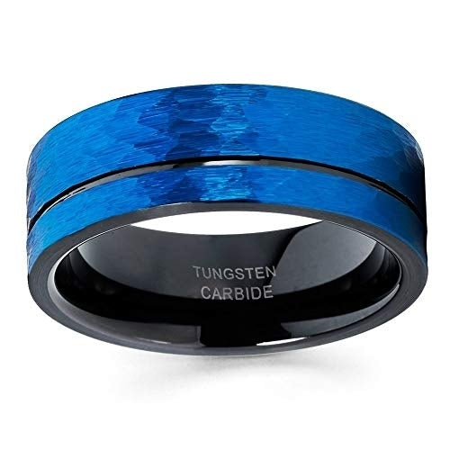 Black Tungsten Ring Blue Wedding Ring Tungsten Carbide Ring 8mm Blue Ring Hammered (10.5) Image 2