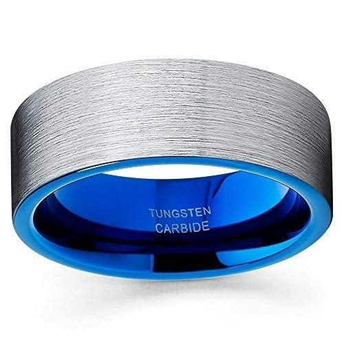8mm Blue Tungsten Ring Silver Tungsten Ring Anniversary Ring Men and Women Anniversary Ring Comfort Fit (10.5) Image 2