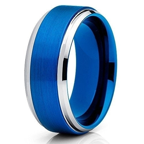 8mm Brushed Blue Tungsten Carbide Ring Polished Silver Unique Edges Wedding Band (6) (6) Image 1