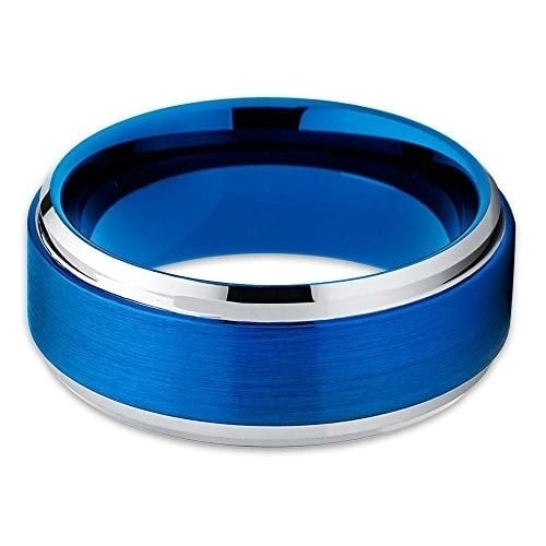 8mm Brushed Blue Tungsten Carbide Ring Polished Silver Unique Edges Wedding Band (6) (6) Image 4