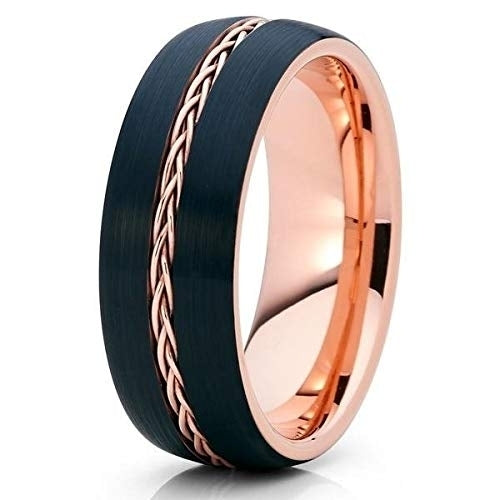 8mm - Rose Gold Tungsten - Black Wedding Band - Braid Ring - Tungsten Ring (7.5) Image 1