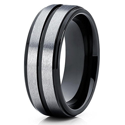 8mm Black Tungsten Carbide Wedding Ring Silver Brushed Finish Center Groove Unisex Band 10 (10) Image 1