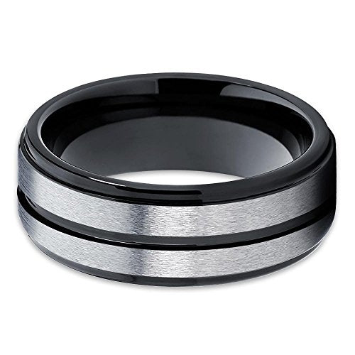 8mm Black Tungsten Carbide Wedding Ring Silver Brushed Finish Center Groove Unisex Band 10 (10) Image 2
