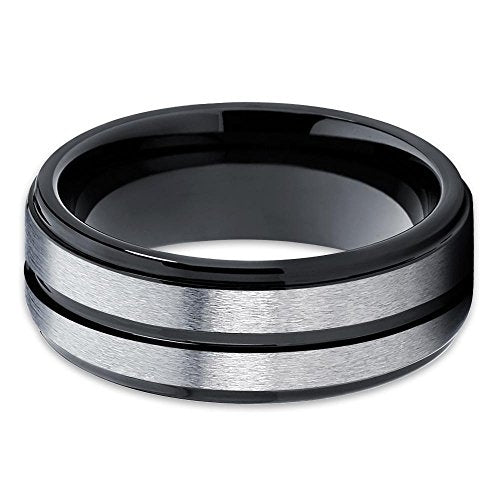 8mm Black Tungsten Carbide Wedding Ring Silver Brushed Finish Center Groove Unisex Band 10 (10) Image 4