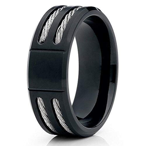 8mm Black Titanium Ring Rope Inlay Matter Finish Titanium Ring Mens Titanium Band (10) Image 1